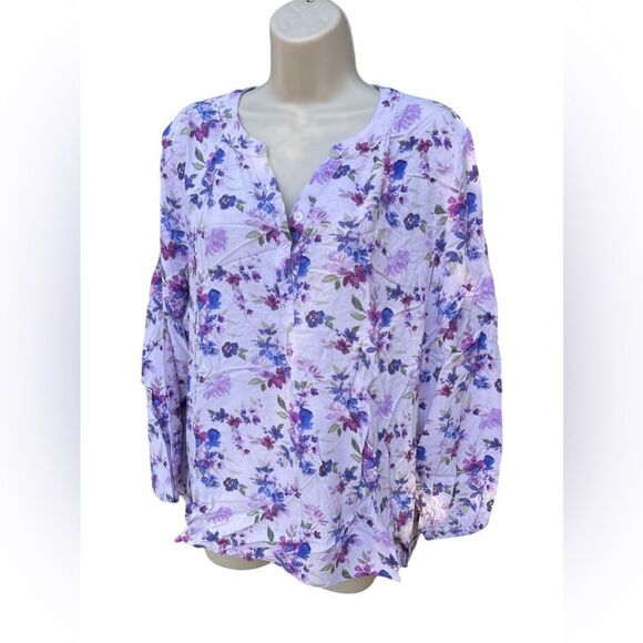 - Denim & Co. Printed V-Neck Long-Sleeve Blouse Floral purple - Picture 1 of 6
